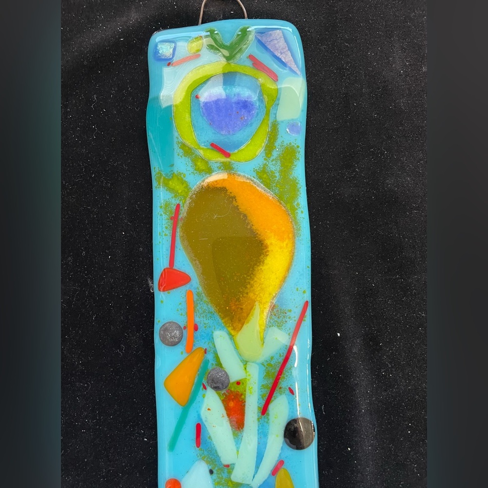 “Magical Garden “Fused Art Glass  Hanging Plaque 10”x3” Aqua Blue - Picture 3 of 9